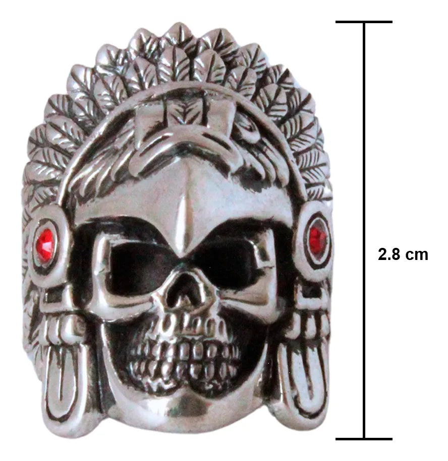Anillo Guerrero Águila Azteca Plata 925 — Calavera con Piedras Granate