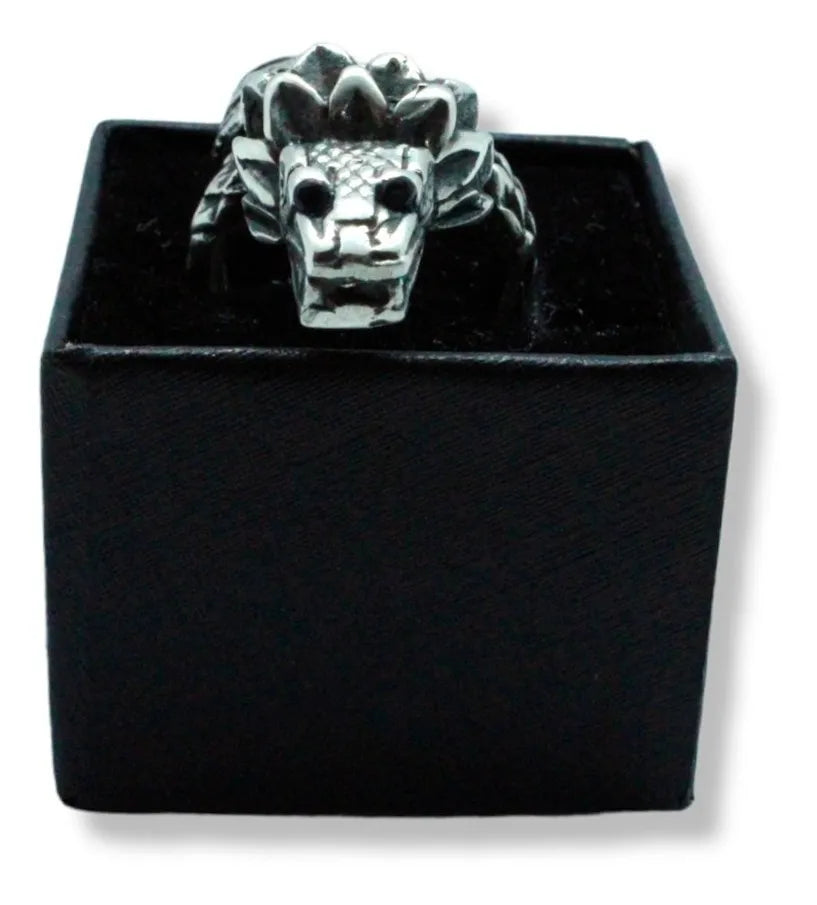 Anillo Quetzalcóatl Serpiente Ajustable Plata 925 Ojos Negro Ojos Negros