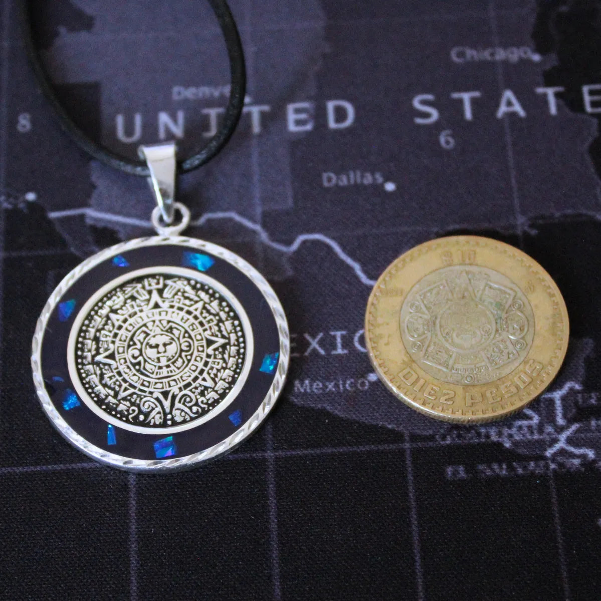 Collar Dije Calendario Azteca Maya Ópalo Azul Plata Hombre