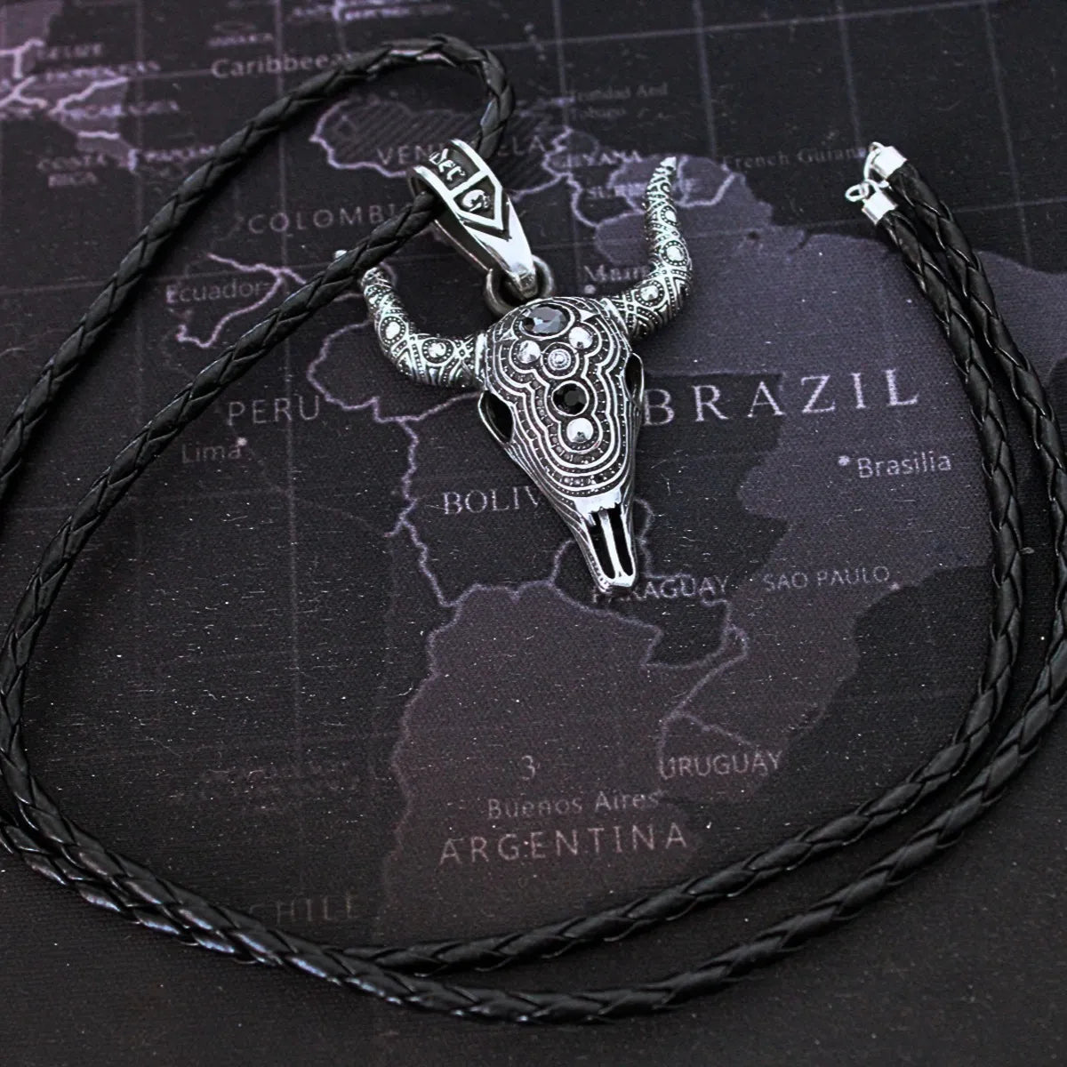 Dije Cabeza Toro Pavonado Cráneo Plata925 Hombre Cordón Piel Plata