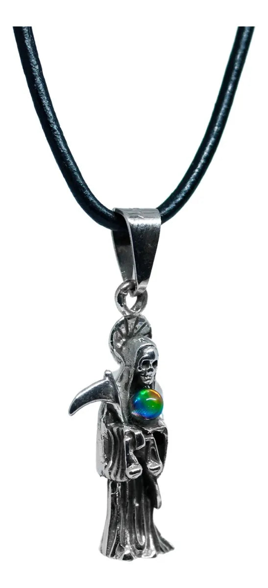 Dije Santa Muerte Plata 925 Cordón Piel Esfera Tornasol | Joyería Gamma