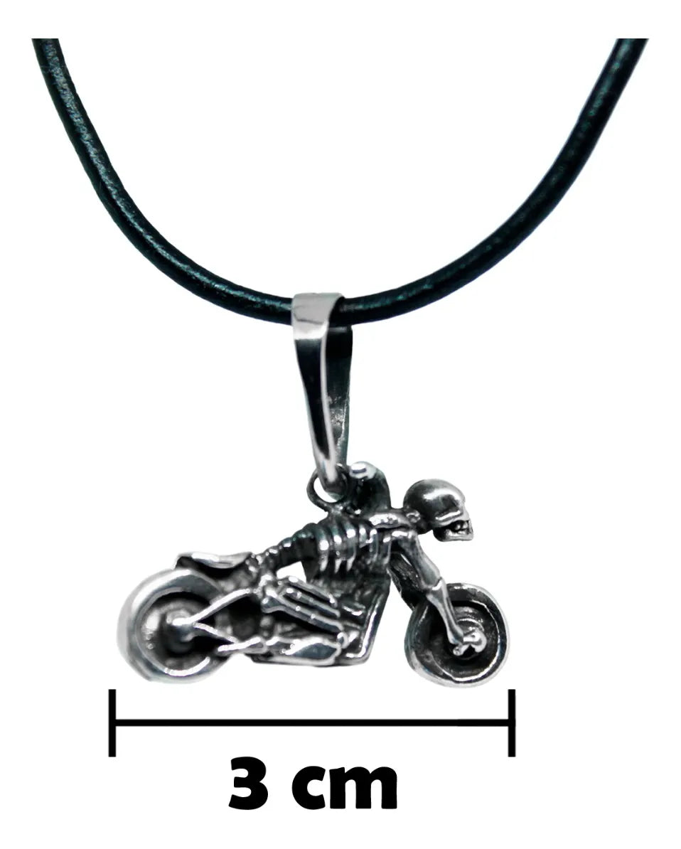 Dije Moto Calavera Chopper Plata 925 Cordón Piel Hombre