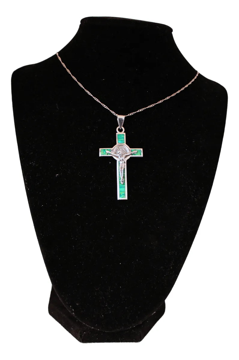 Dije Crucifijo San Benito Plata 925 Ópalo Taxco Con Cadena Malaquita