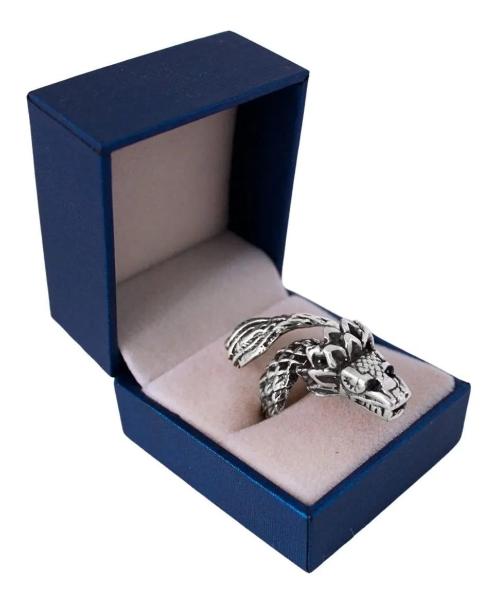 Anillo Quetzalcóatl Serpiente Ajustable Plata 925 Ojos Negro Ojos Negros