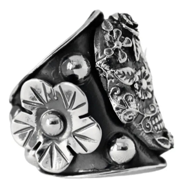 Anillo Mujer Calavera Flores Plata 925 Frida Kahlo Ajustable