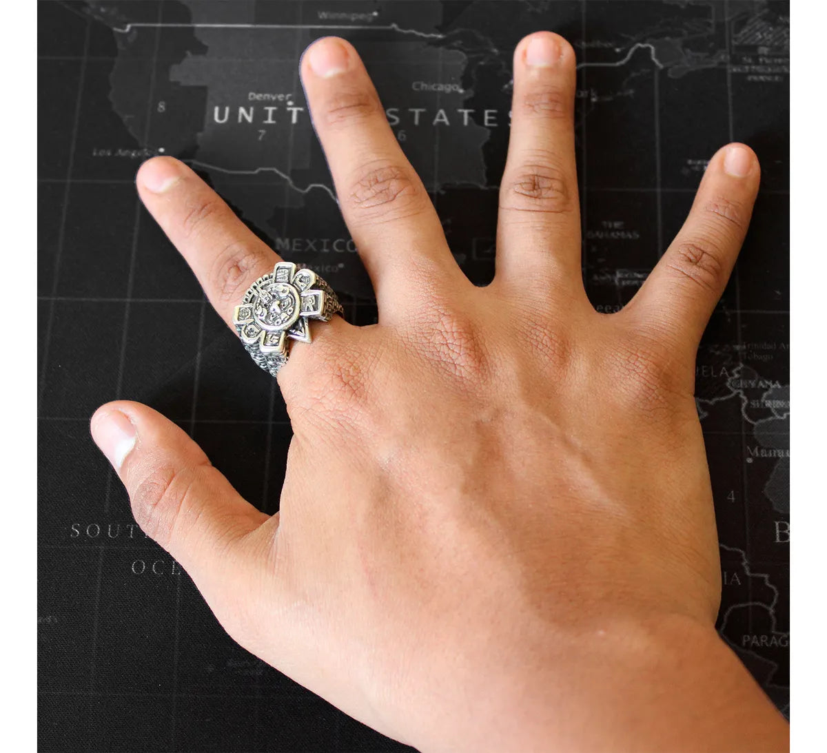 Anillo Hombre Sol Azteca Plata 925 Ajustable Joyería Gamma