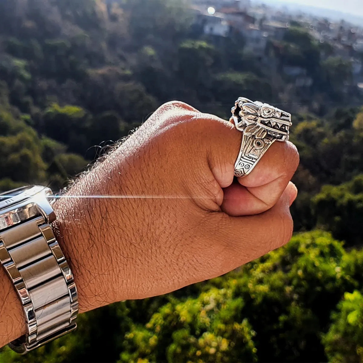 Anillo Hombre Quetzalcóatl Plata 925 Maciza Dios Azteca Nice