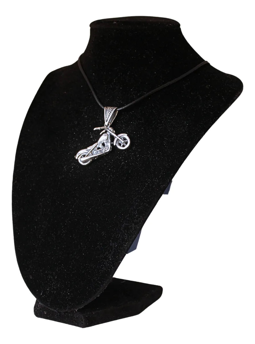 Dije Moto Chopper Calavera Plata 925 Hombre Cordón Piel Nice Plateado