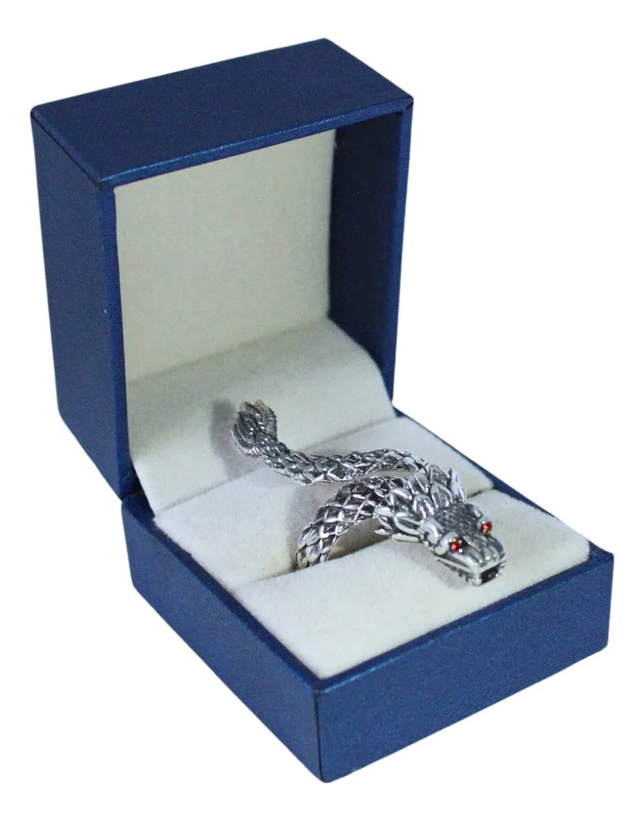 Anillo Quetzalcóatl Serpiente Emplumada Plata 925 Ajustable Ojos Rojos