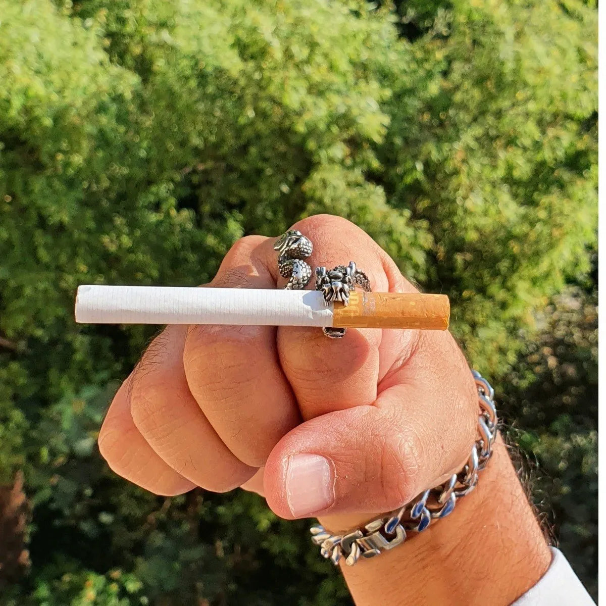 Anillo Dragón Sujeta Cigarros Plata 925 Ajustable Hombre