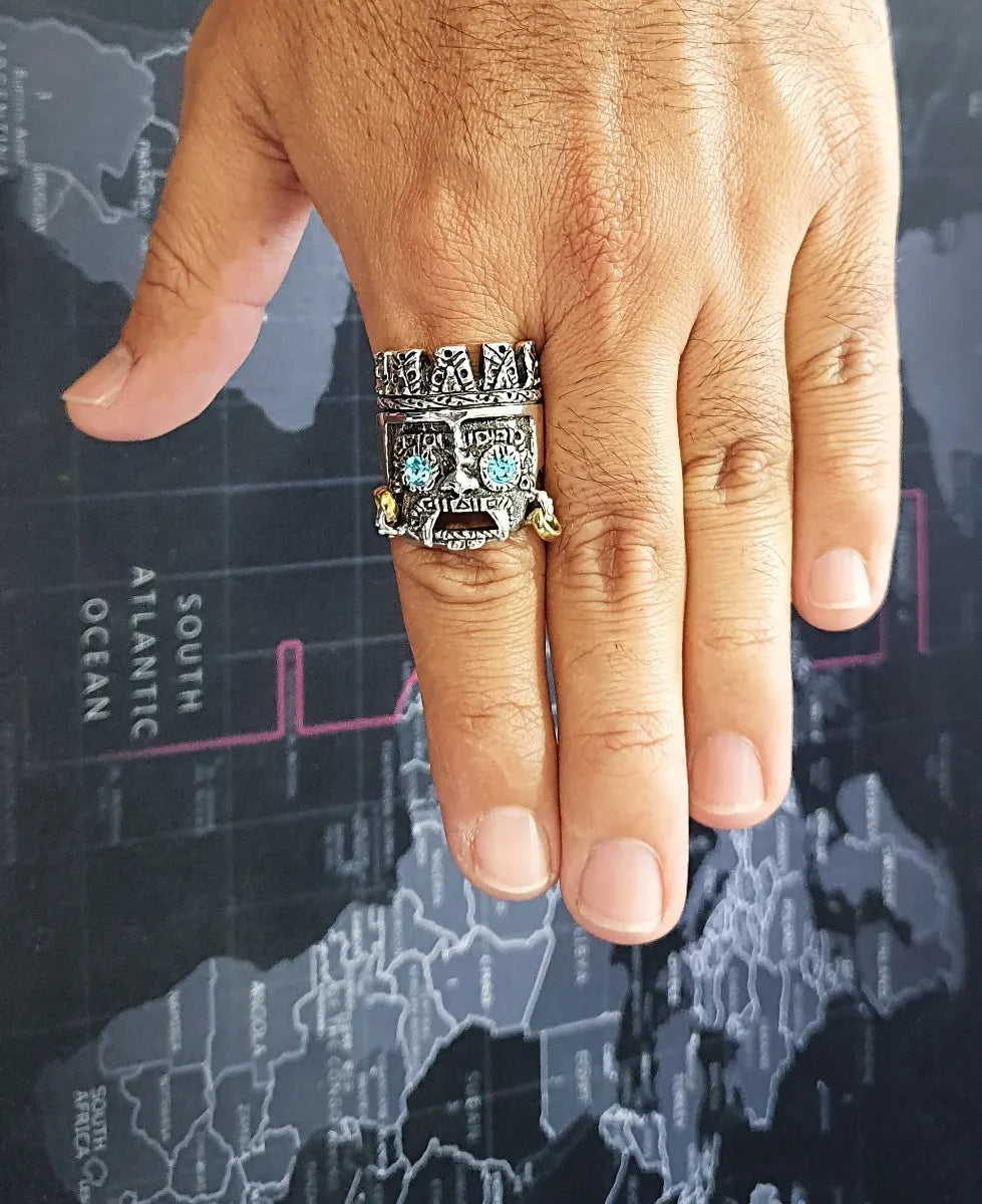 Anillo Dios Azteca Tlaloc Plata 925 Hombre Zirconia Caballero | Joyería Gamma