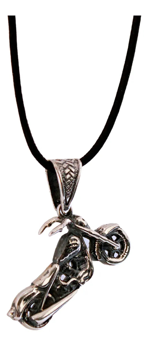 Dije Moto Chopper Calavera Plata 925 Hombre Cordón Piel Nice Plateado