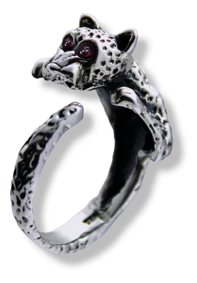 Anillo Jaguar Plata Fina 925 Ajustable Hombre Ideal Regalo Ojos Rojos