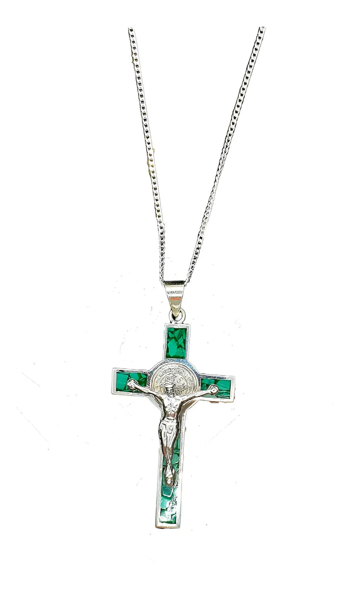 Dije Crucifijo San Benito Plata 925 Ópalo Taxco Con Cadena Malaquita