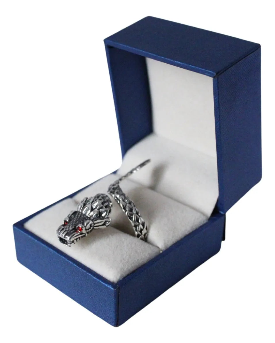 Anillo Quetzalcóatl Serpiente Emplumada Plata 925 Ajustable Ojos Rojos