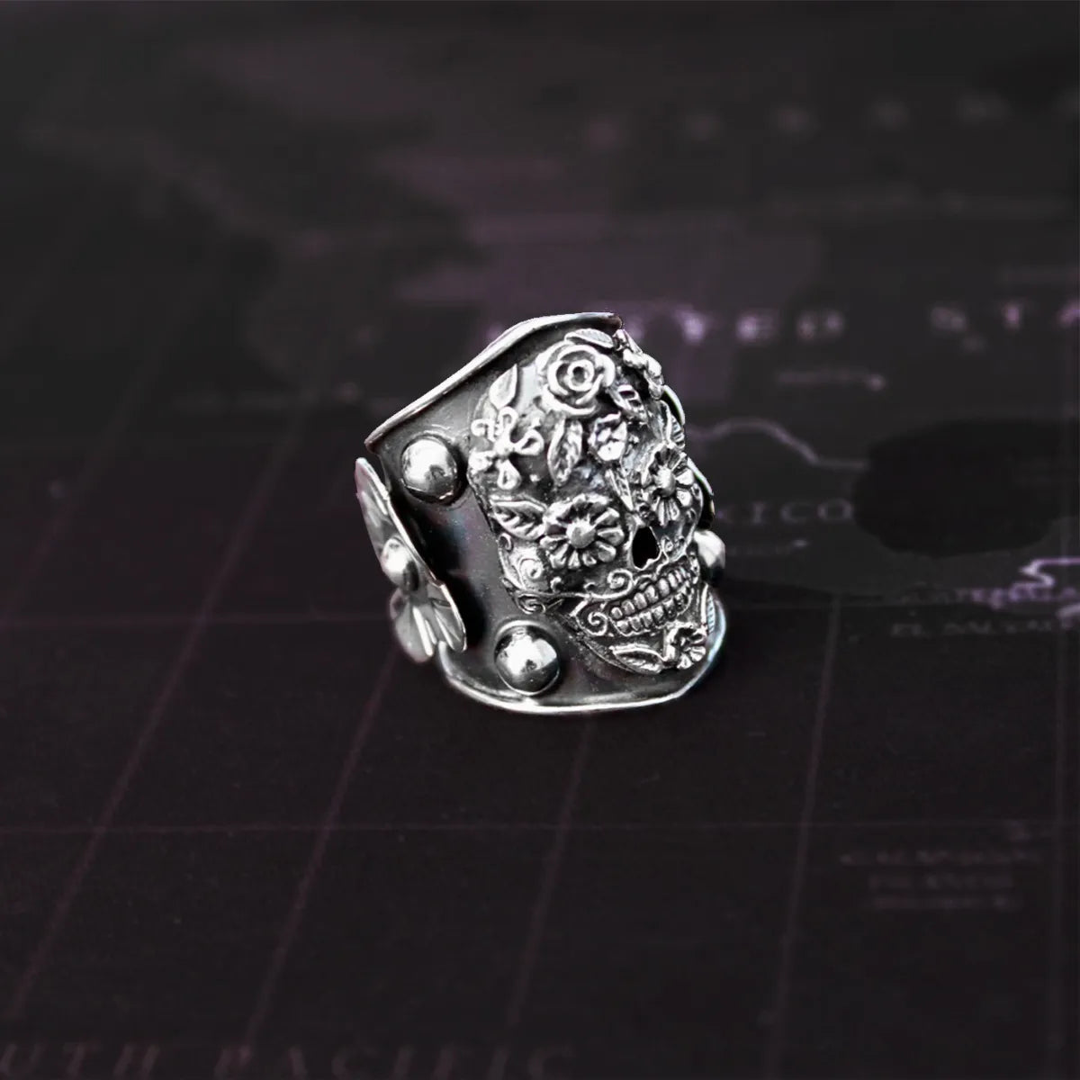 Anillo Mujer Calavera Flores Plata 925 Frida Kahlo Ajustable