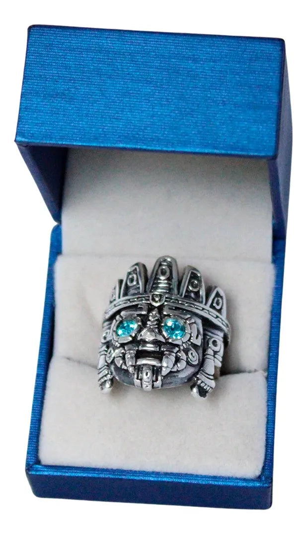Anillo Tlaloc Plata 925 Zirconia Azul Maya Azteca Hombre