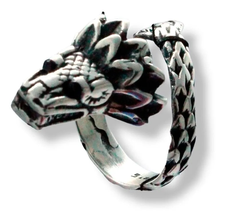 Anillo Quetzalcóatl Serpiente Ajustable Plata 925 Ojos Negro Ojos Negros
