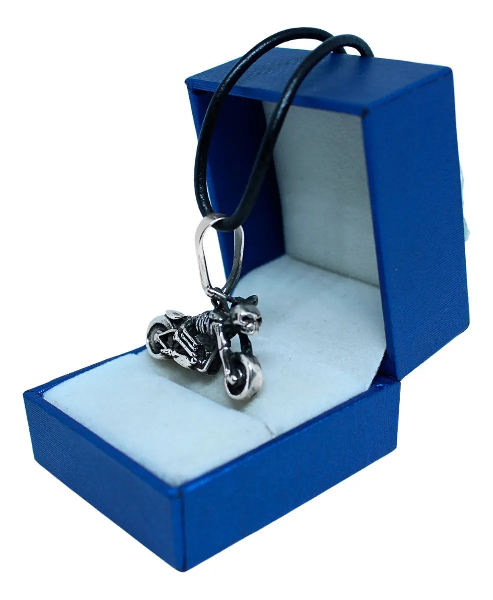 Dije Moto Calavera Chopper Plata 925 Cordón Piel Hombre