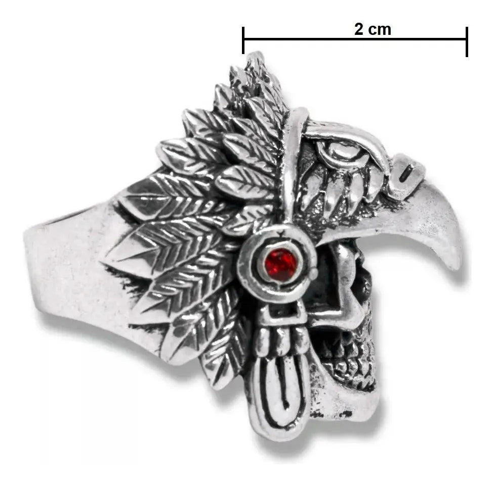 Anillo Guerrero Águila Azteca Plata 925 — Calavera con Piedras Granate