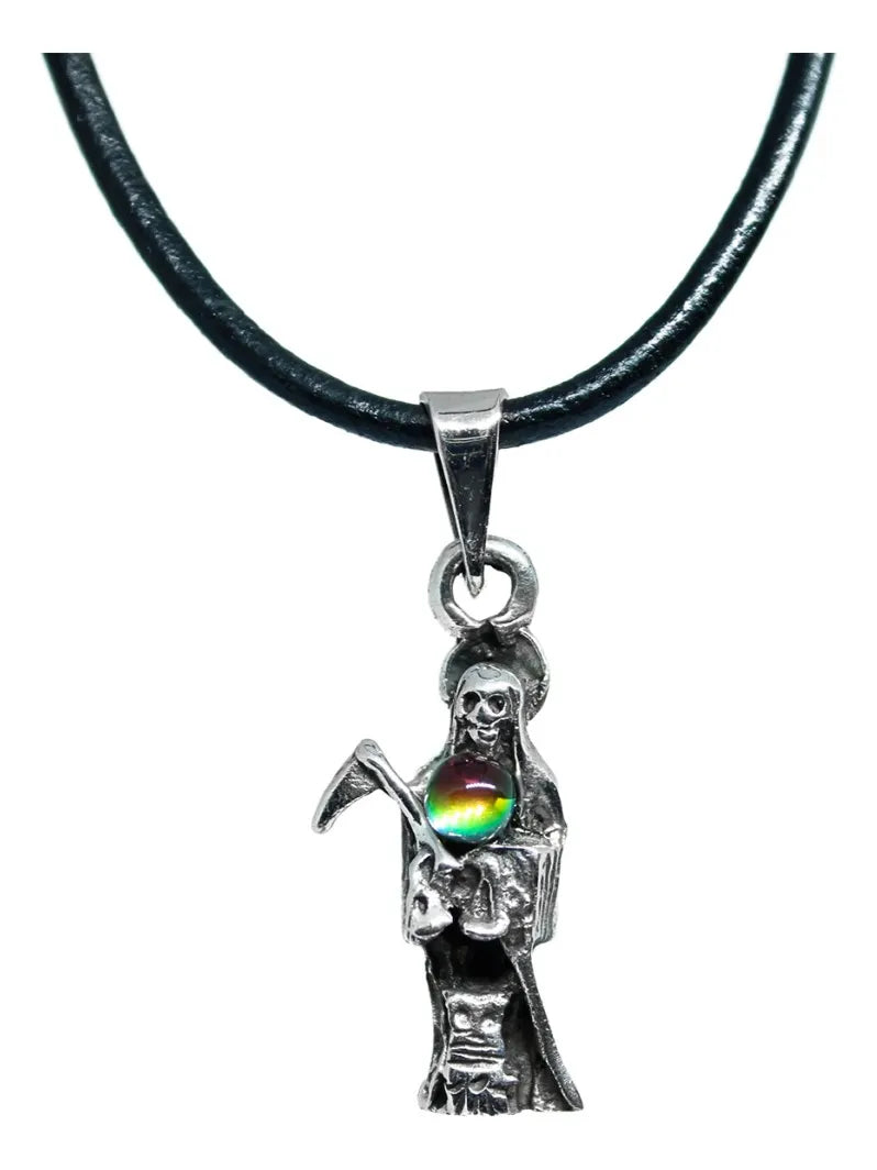Dije Santa Muerte Plata 925 Esfera Tornasol con Cordón de Piel Unisex | Joyería Gamma