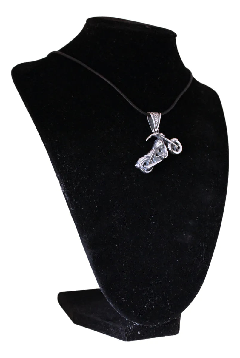Dije Moto Chopper Calavera Plata 925 Hombre Cordón Piel Nice Plateado