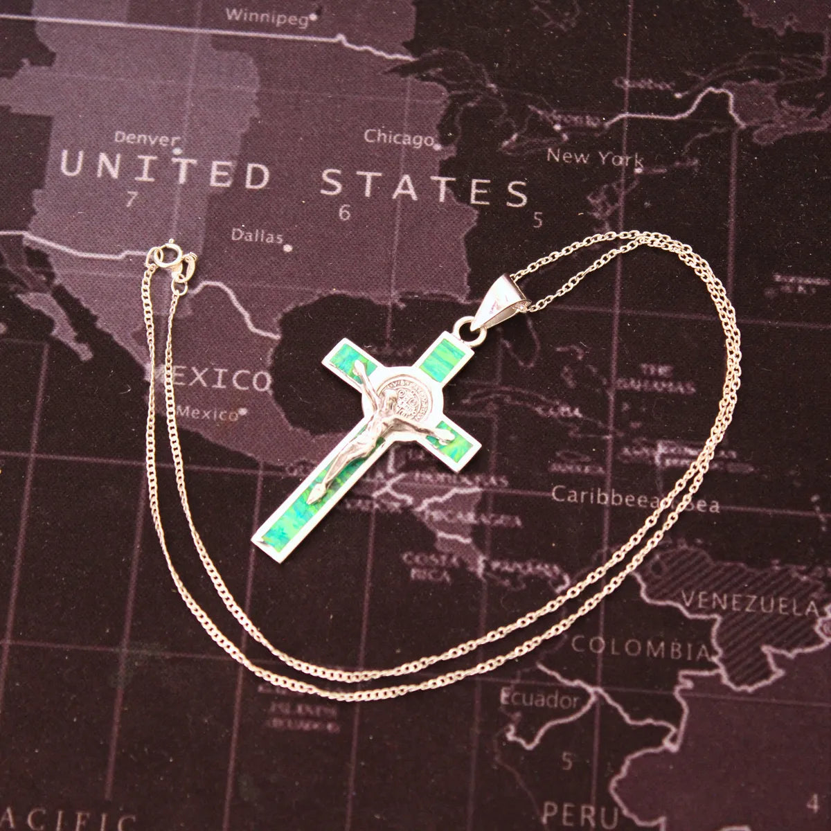 Dije Crucifijo San Benito Plata 925 Ópalo Taxco Con Cadena Malaquita