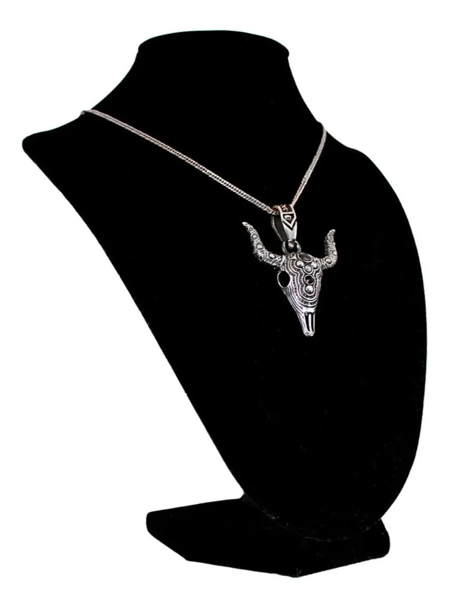 Dije Cabeza Toro Pavonado Cráneo Plata925 Hombre Cordón Piel Plata