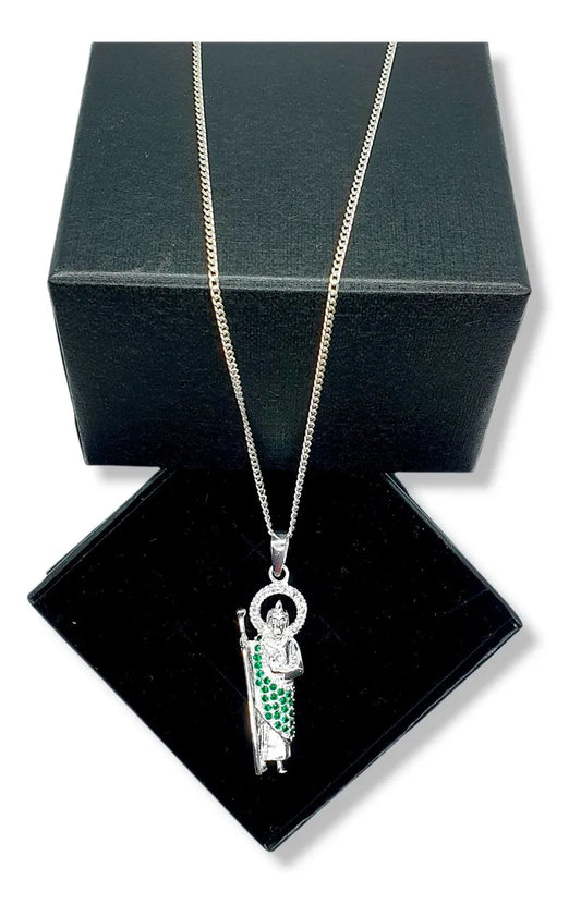 Dije San Judas Plata 925 Cadena Hombre Mujer Zirconias Esmeralda