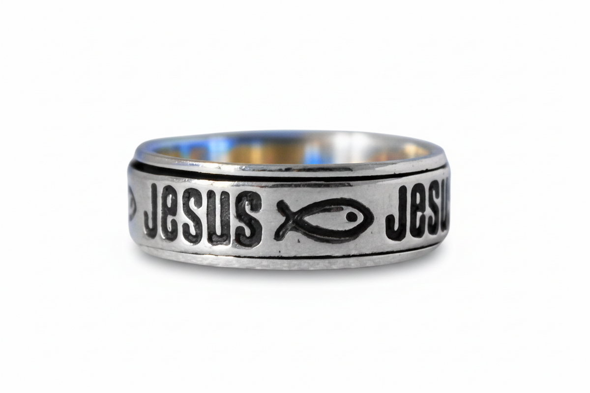 Argolla giratoria Jesús El Salvador plata 925, antiestrés, hecha en Taxco